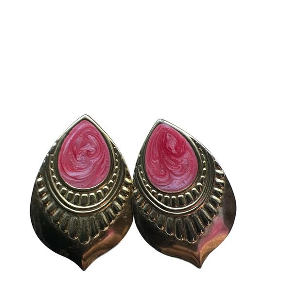 Vintage | 1980’s Teardrop Brass Blanks Pink Post Statement Earrings - Picture 2 of 5